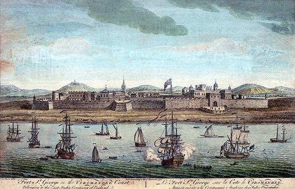 Fort St. George, Madras, India - line engraving by Jan van Ryne 1712-1760