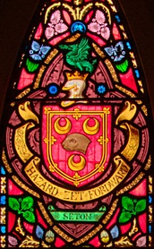 Window of the old Church of St. Kea, Cornwall, with the Arms of Seton of Cariston. click to view large